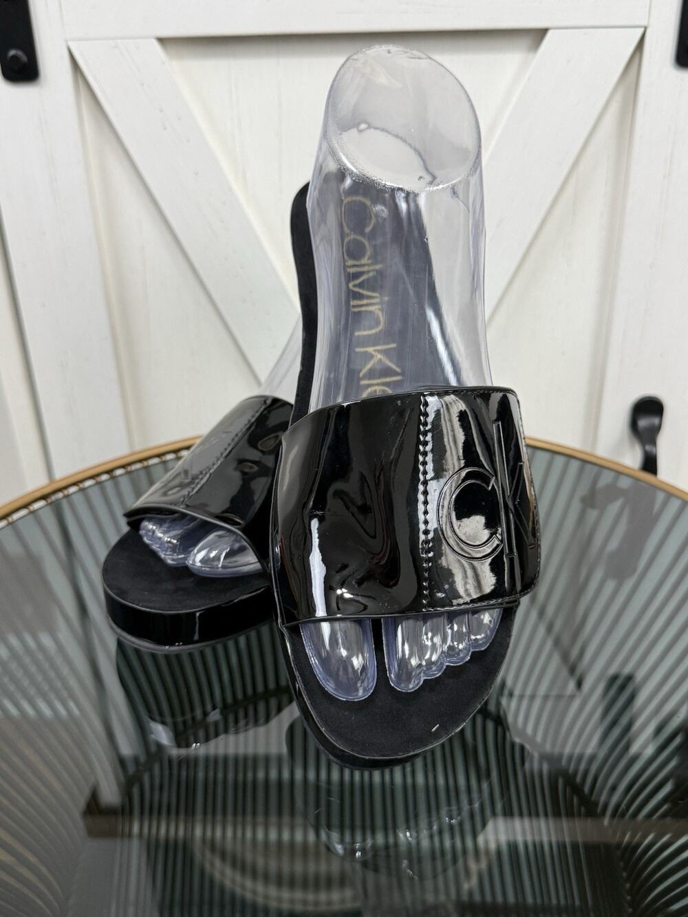 Calvin Klein Marlina Black Patent Logo Slide Sandals Women Size 7 Slip On Shoes